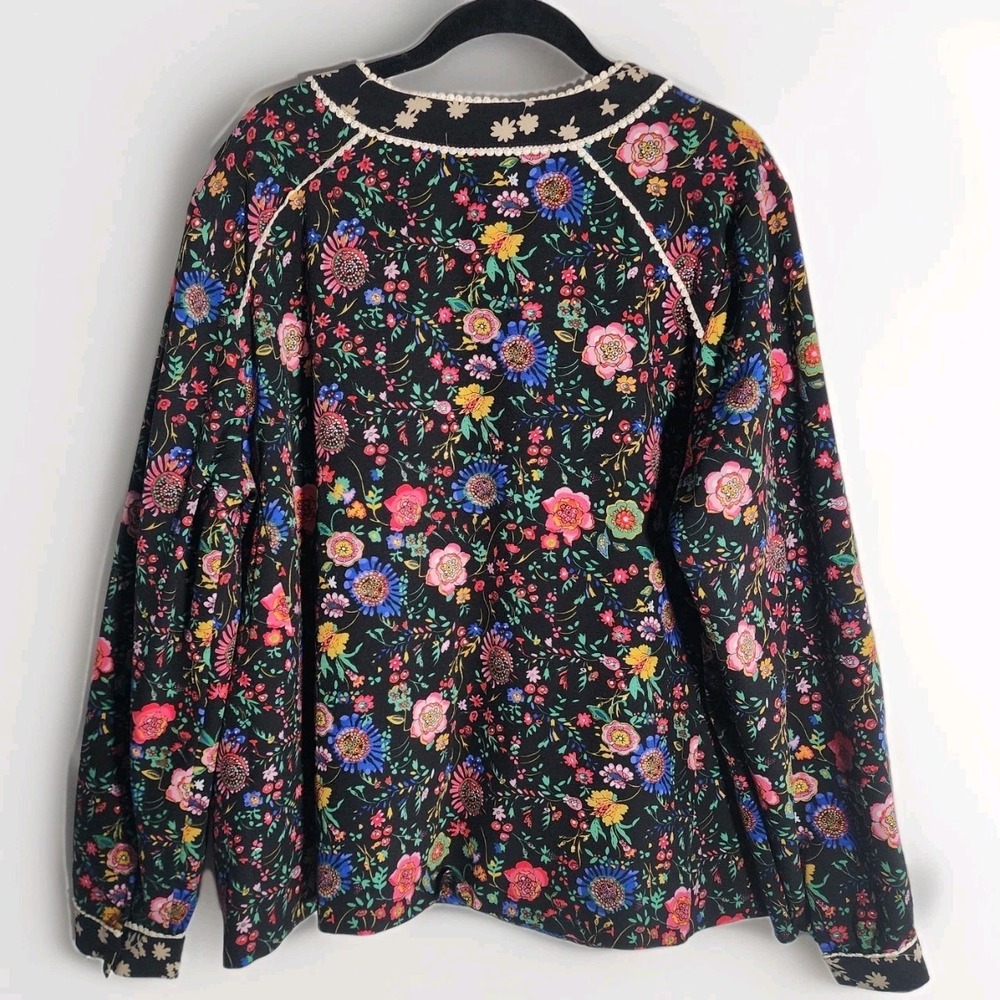 LOGO Lori Goldstein Floral‎ Button Front Jacket Black Multi Color Crochet Trim L - Picture 4 of 11